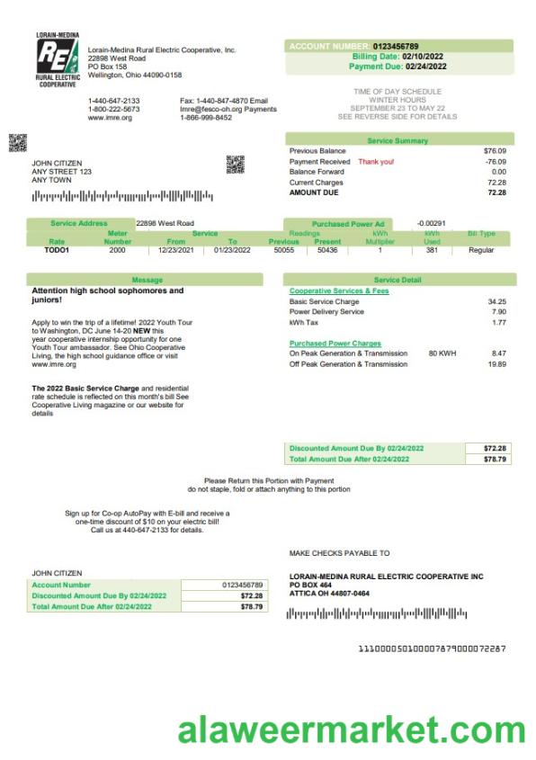 USA Ohio Lorain-Medina Rural Electric utility bill template in Word and PDF format